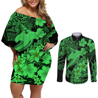 Aloha Hawaii Couples Matching Off Shoulder Short Dress and Long Sleeve Button Shirts Hammerhead Shark Tattoo Polynesian Summer - Green LT9 Green - Polynesian Pride