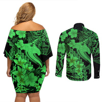 Aloha Hawaii Couples Matching Off Shoulder Short Dress and Long Sleeve Button Shirts Hammerhead Shark Tattoo Polynesian Summer - Green LT9 - Polynesian Pride