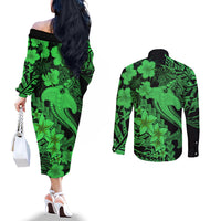 Aloha Hawaii Couples Matching Off The Shoulder Long Sleeve Dress and Long Sleeve Button Shirts Hammerhead Shark Tattoo Polynesian Summer - Green LT9 - Polynesian Pride
