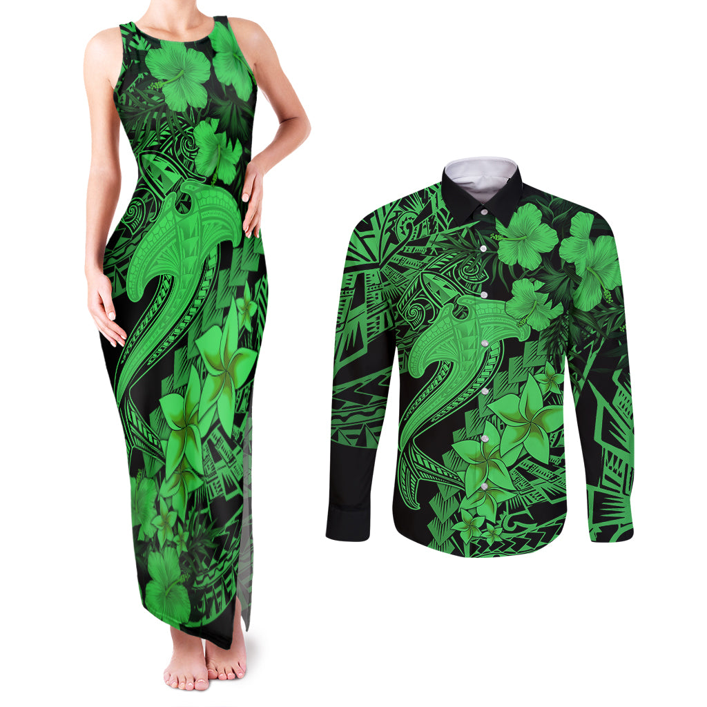 Aloha Hawaii Couples Matching Tank Maxi Dress and Long Sleeve Button Shirts Hammerhead Shark Tattoo Polynesian Summer - Green LT9 Green - Polynesian Pride