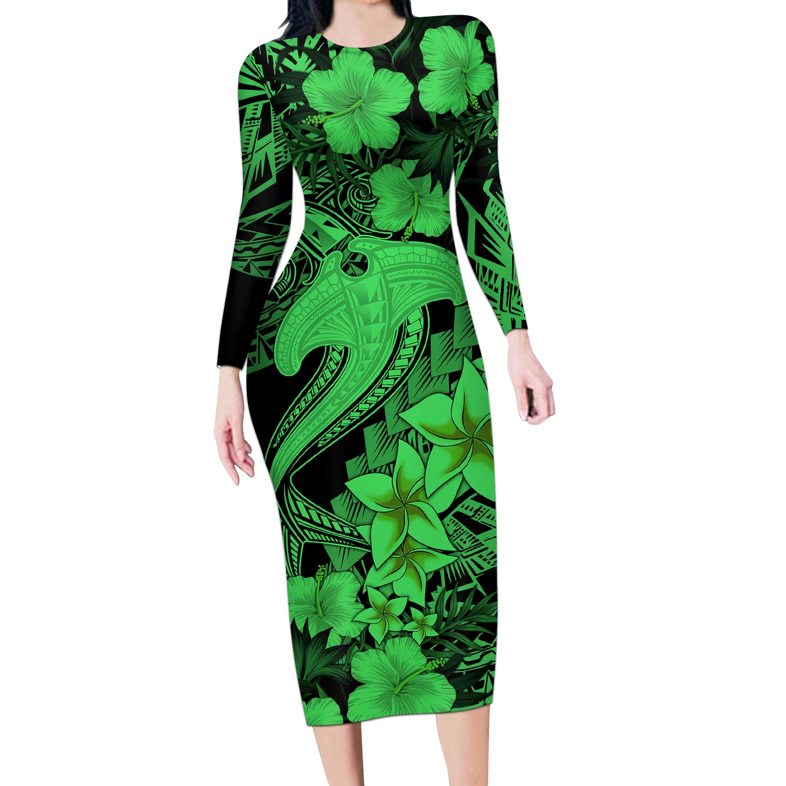 Aloha Hawaii Long Sleeve Bodycon Dress Hammerhead Shark Tattoo Polynesian Summer - Green LT9 Long Dress Green - Polynesian Pride