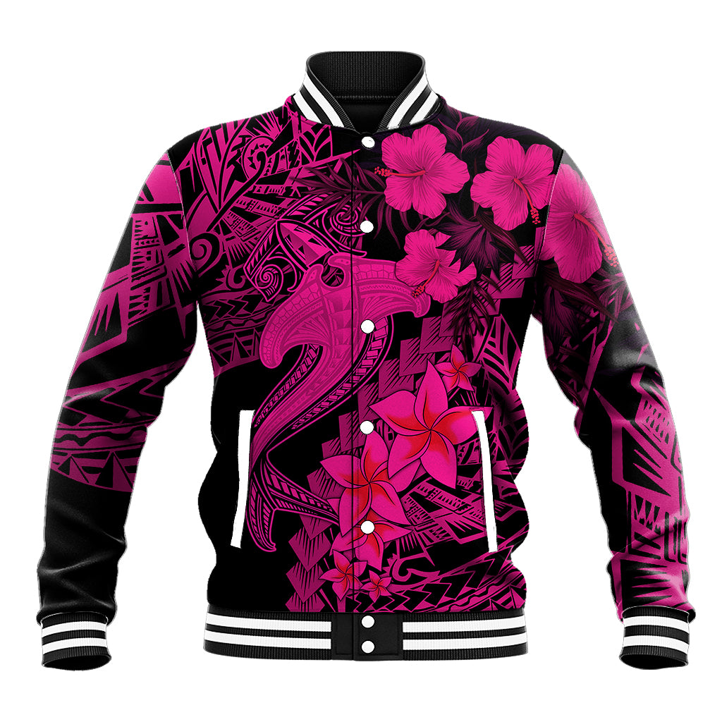 Aloha Hawaii Baseball Jacket Hammerhead Shark Tattoo Polynesian Summer - Pink LT9 Unisex Pink - Polynesian Pride