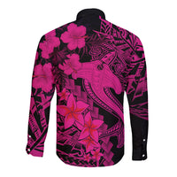 Aloha Hawaii Long Sleeve Button Shirt Hammerhead Shark Tattoo Polynesian Summer - Pink LT9 - Polynesian Pride