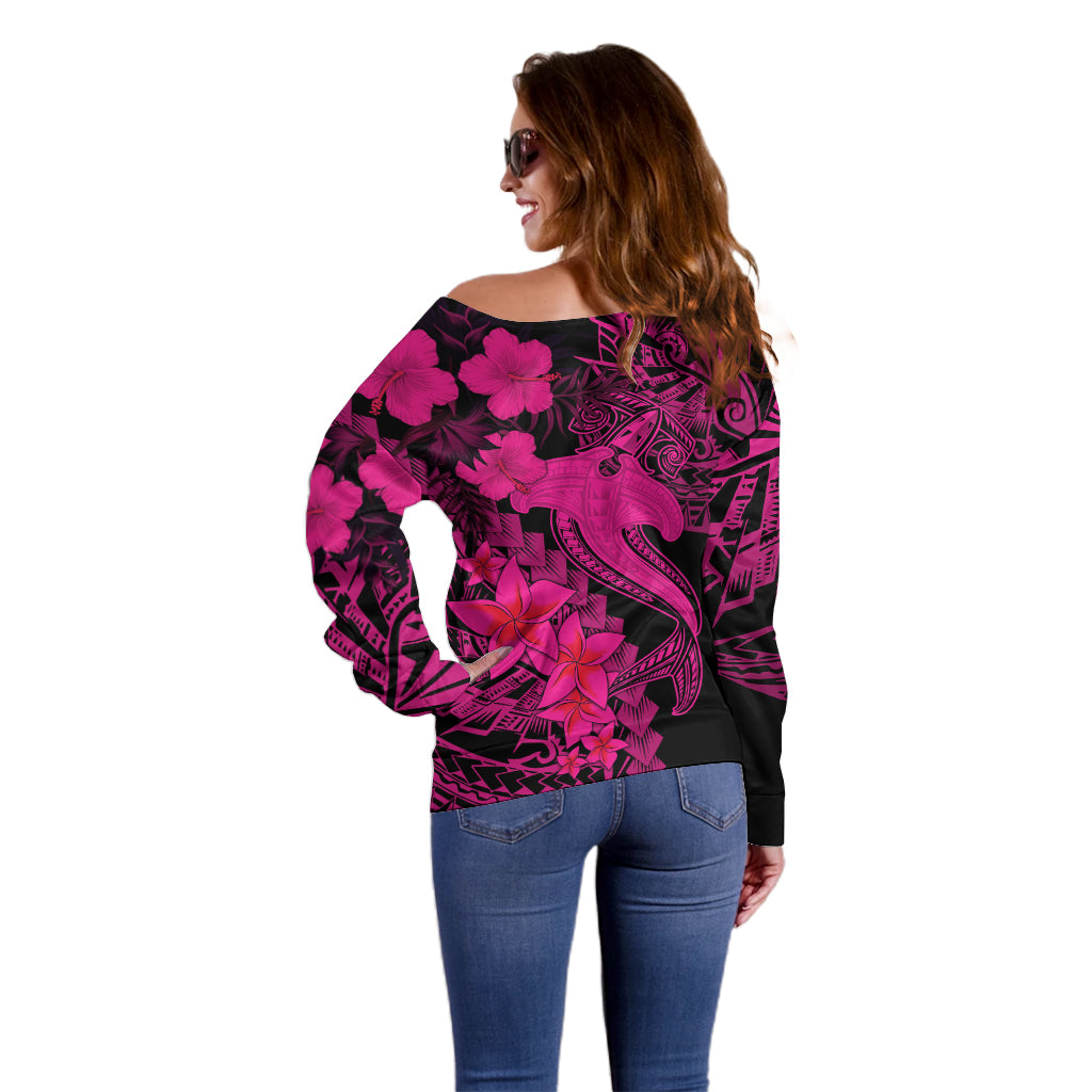 Aloha Hawaii Off Shoulder Sweater Hammerhead Shark Tattoo Polynesian Summer - Pink LT9 - Polynesian Pride