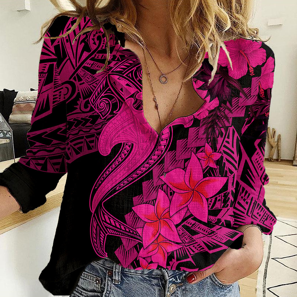 Aloha Hawaii Women Casual Shirt Hammerhead Shark Tattoo Polynesian Summer - Pink LT9 Female Pink - Polynesian Pride