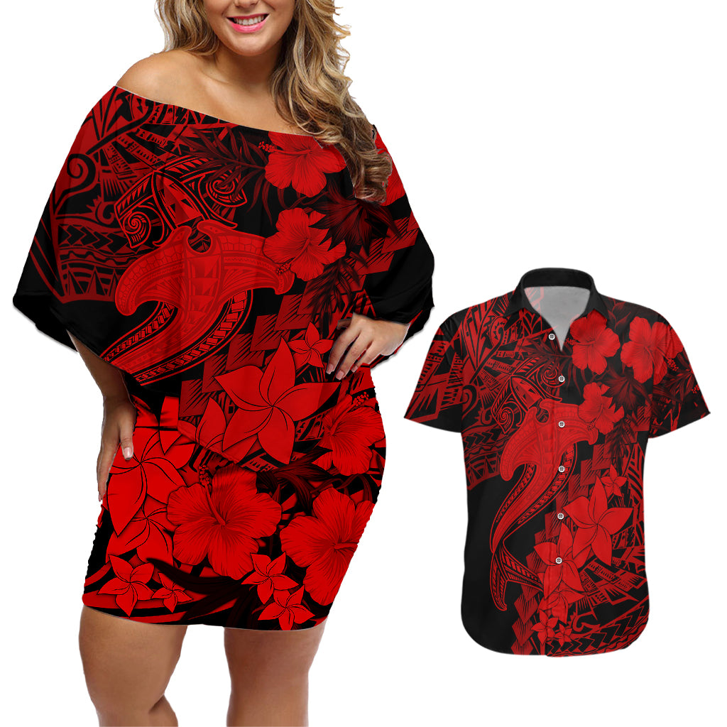 Aloha Hawaii Couples Matching Off Shoulder Short Dress and Hawaiian Shirt Hammerhead Shark Tattoo Polynesian Summer - Red LT9 Red - Polynesian Pride