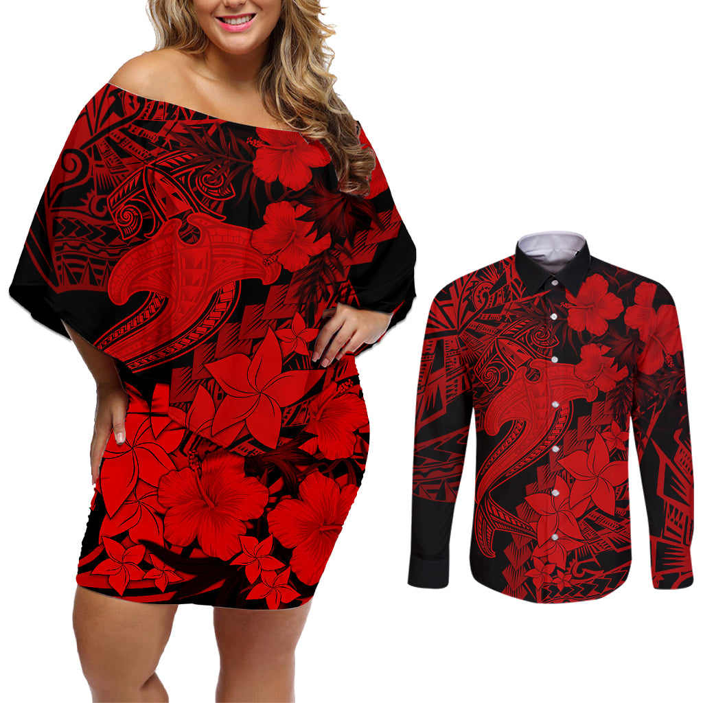 Aloha Hawaii Couples Matching Off Shoulder Short Dress and Long Sleeve Button Shirts Hammerhead Shark Tattoo Polynesian Summer - Red LT9 Red - Polynesian Pride