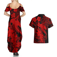 Aloha Hawaii Couples Matching Summer Maxi Dress and Hawaiian Shirt Hammerhead Shark Tattoo Polynesian Summer - Red LT9 - Polynesian Pride