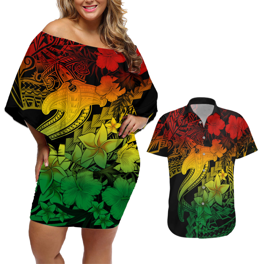 Aloha Hawaii Couples Matching Off Shoulder Short Dress and Hawaiian Shirt Hammerhead Shark Tattoo Polynesian Summer - Reggae LT9 Reggae - Polynesian Pride