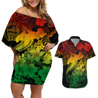 Aloha Hawaii Couples Matching Off Shoulder Short Dress and Hawaiian Shirt Hammerhead Shark Tattoo Polynesian Summer - Reggae LT9 Reggae - Polynesian Pride
