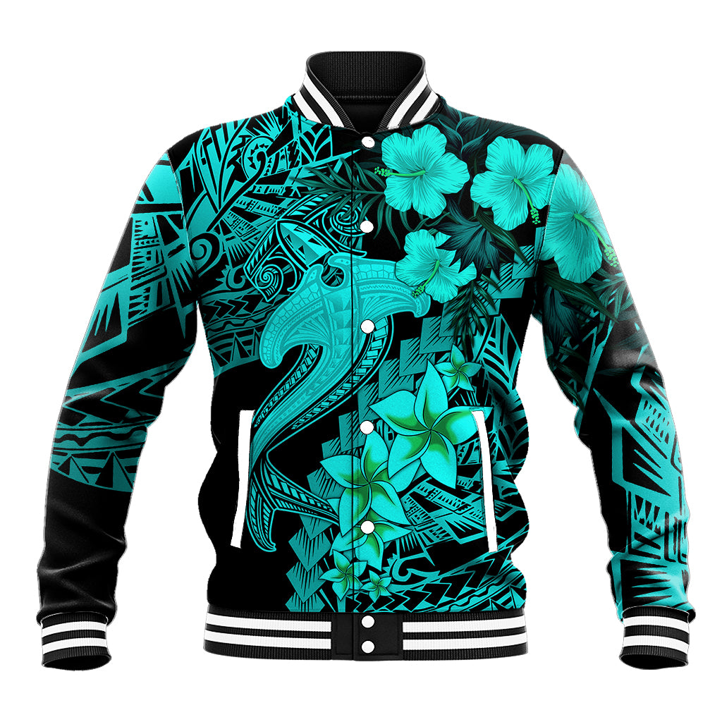 Aloha Hawaii Baseball Jacket Hammerhead Shark Tattoo Polynesian Summer - Turquoise LT9 Unisex Turquoise - Polynesian Pride