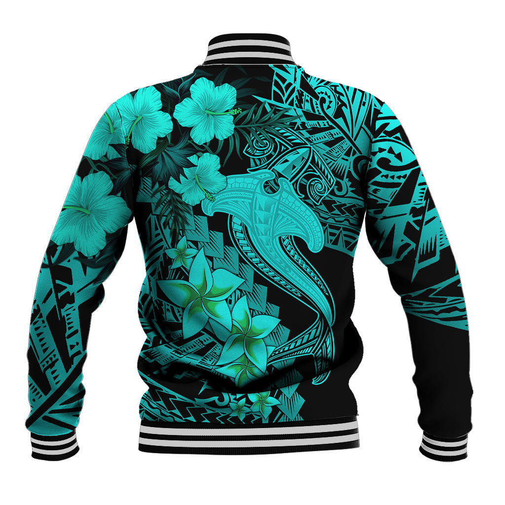 Aloha Hawaii Baseball Jacket Hammerhead Shark Tattoo Polynesian Summer - Turquoise LT9 - Polynesian Pride