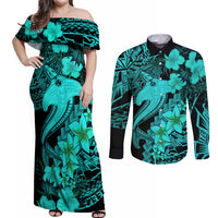 Aloha Hawaii Couples Matching Off Shoulder Maxi Dress and Long Sleeve Button Shirts Hammerhead Shark Tattoo Polynesian Summer - Turquoise LT9 Turquoise - Polynesian Pride
