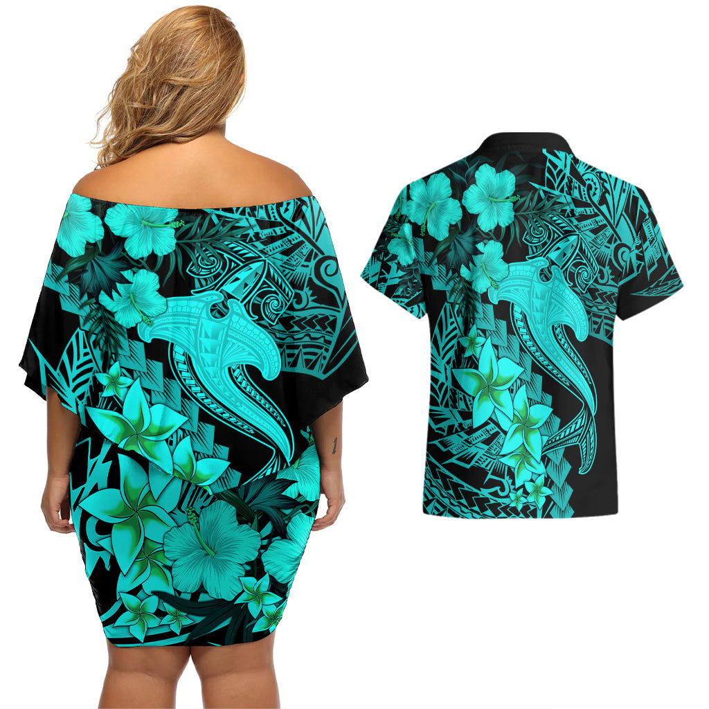 Aloha Hawaii Couples Matching Off Shoulder Short Dress and Hawaiian Shirt Hammerhead Shark Tattoo Polynesian Summer - Turquoise LT9 - Polynesian Pride