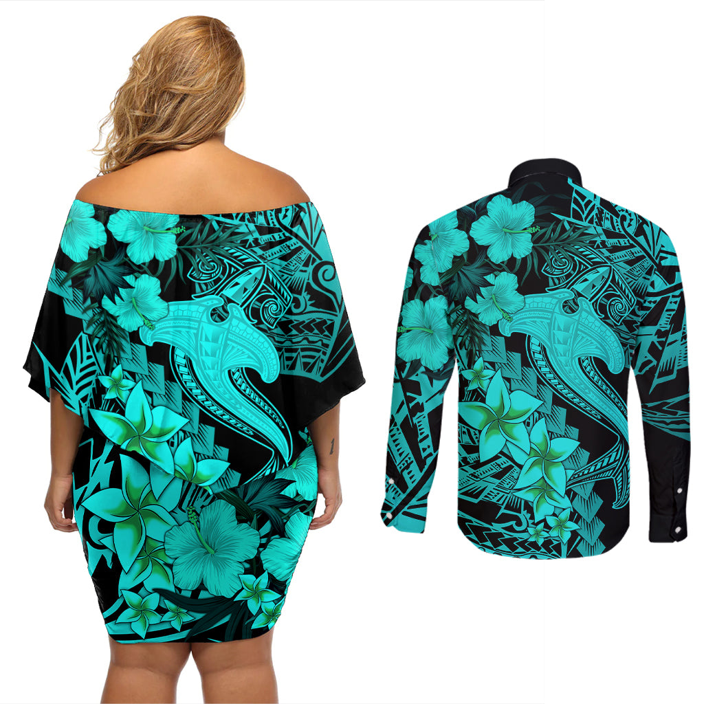 Aloha Hawaii Couples Matching Off Shoulder Short Dress and Long Sleeve Button Shirts Hammerhead Shark Tattoo Polynesian Summer - Turquoise LT9 - Polynesian Pride