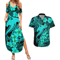 Aloha Hawaii Couples Matching Summer Maxi Dress and Hawaiian Shirt Hammerhead Shark Tattoo Polynesian Summer - Turquoise LT9 Turquoise - Polynesian Pride