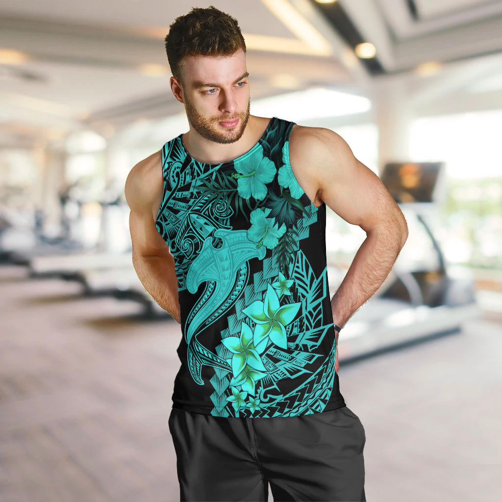 Aloha Hawaii Men Tank Top Hammerhead Shark Tattoo Polynesian Summer - Turquoise LT9 - Polynesian Pride