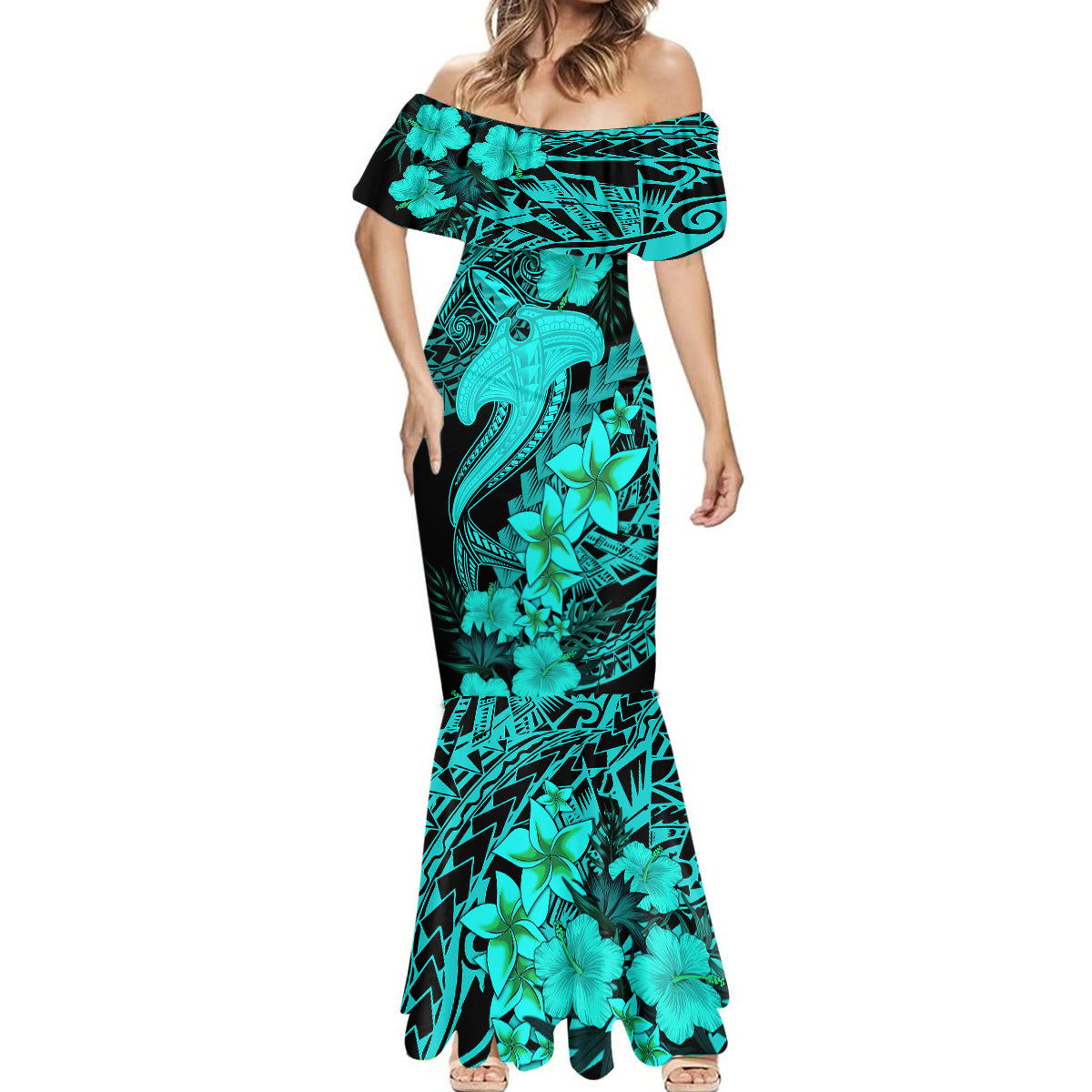 Aloha Hawaii Mermaid Dress Hammerhead Shark Tattoo Polynesian Summer - Turquoise LT9 - Polynesian Pride