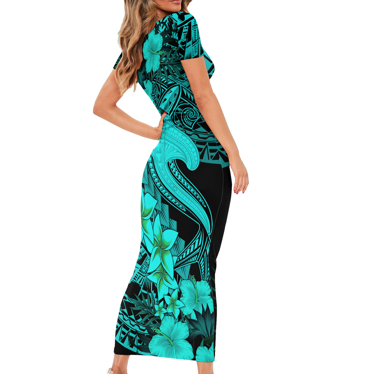 Aloha Hawaii Short Sleeve Bodycon Dress Hammerhead Shark Tattoo Polynesian Summer - Turquoise LT9 - Polynesian Pride