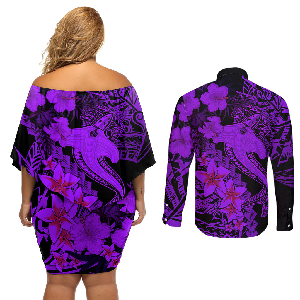 Aloha Hawaii Couples Matching Off Shoulder Short Dress and Long Sleeve Button Shirts Hammerhead Shark Tattoo Polynesian Summer - Violet LT9 - Polynesian Pride