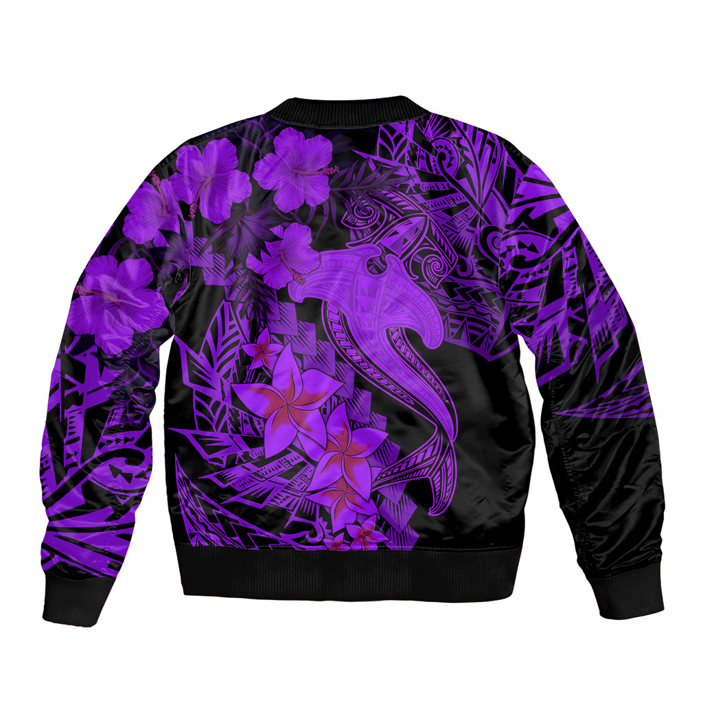Aloha Hawaii Sleeve Zip Bomber Jacket Hammerhead Shark Tattoo Polynesian Summer - Violet LT9 - Polynesian Pride