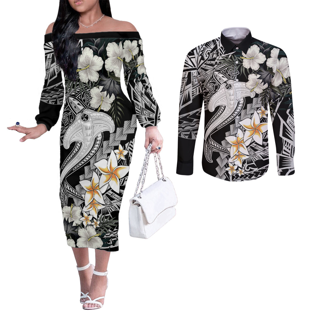 Aloha Hawaii Couples Matching Off The Shoulder Long Sleeve Dress and Long Sleeve Button Shirts Hammerhead Shark Tattoo Polynesian Summer - White LT9 White - Polynesian Pride