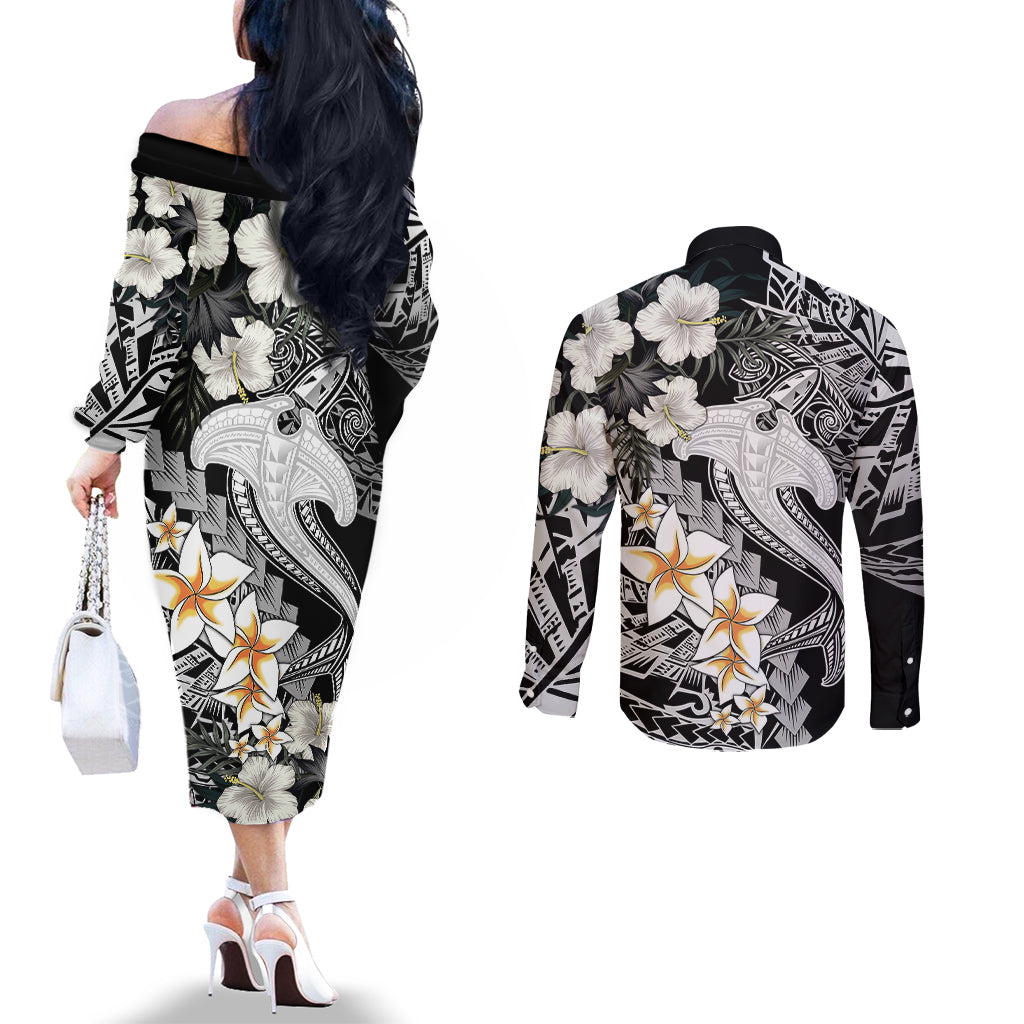 Aloha Hawaii Couples Matching Off The Shoulder Long Sleeve Dress and Long Sleeve Button Shirts Hammerhead Shark Tattoo Polynesian Summer - White LT9 - Polynesian Pride
