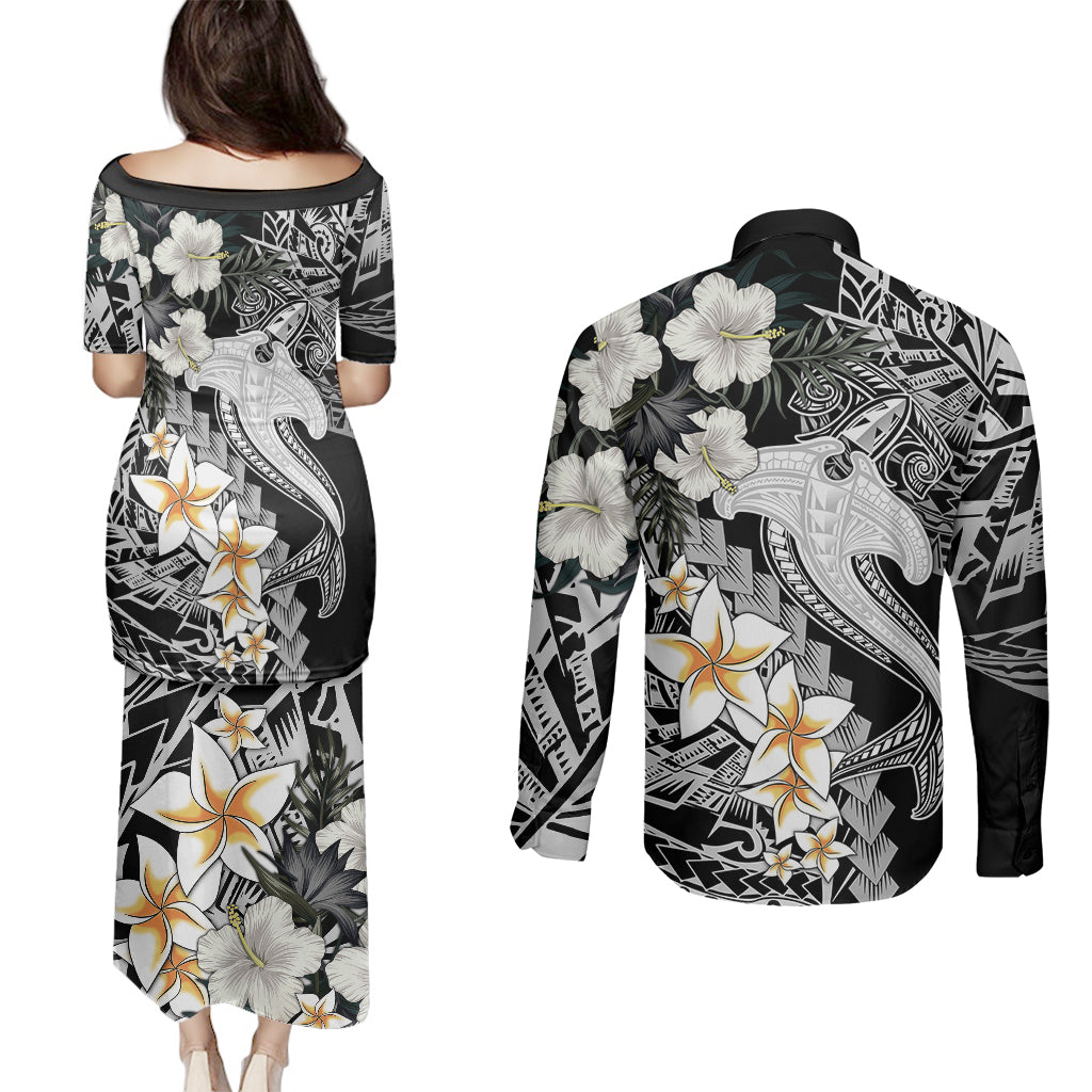 Aloha Hawaii Couples Matching Puletasi Dress and Long Sleeve Button Shirts Hammerhead Shark Tattoo Polynesian Summer - White LT9 - Polynesian Pride