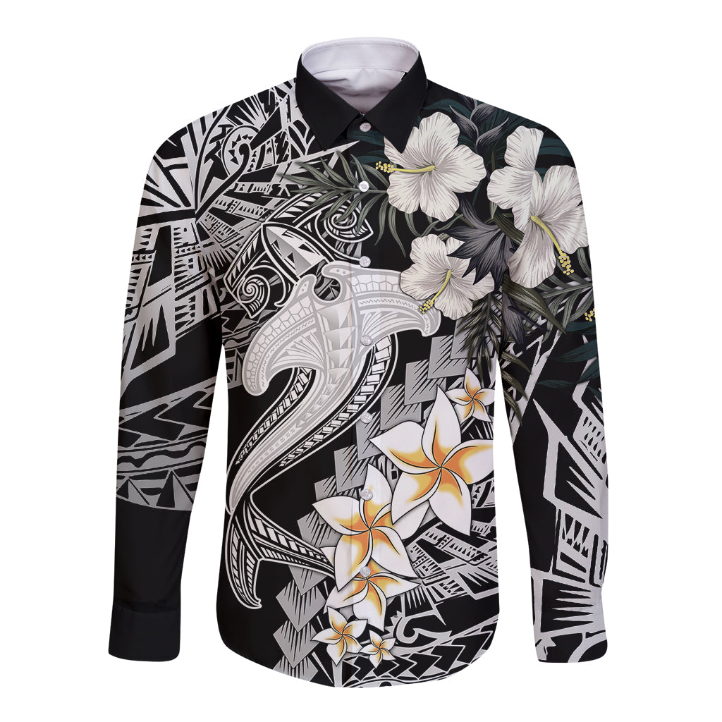Aloha Hawaii Long Sleeve Button Shirt Hammerhead Shark Tattoo Polynesian Summer - White LT9 Unisex White - Polynesian Pride