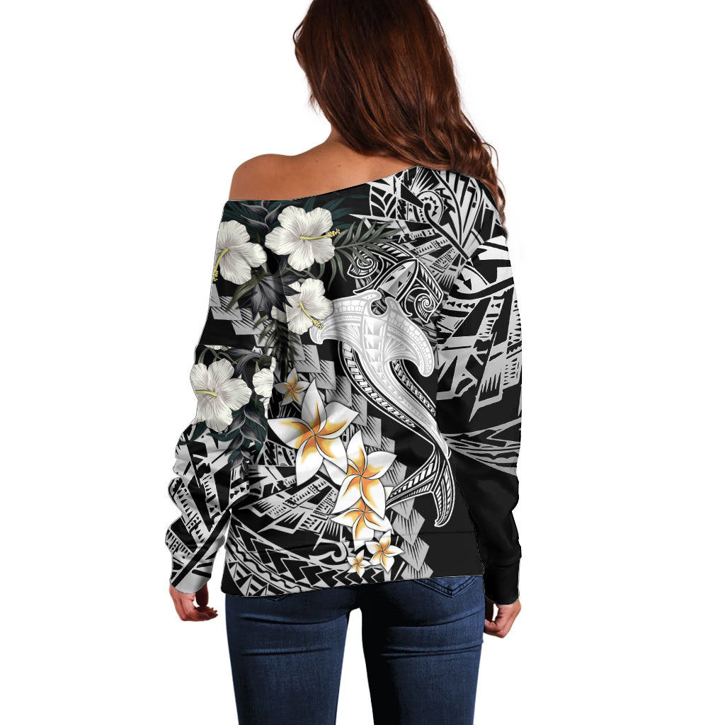 Aloha Hawaii Off Shoulder Sweater Hammerhead Shark Tattoo Polynesian Summer - White LT9 - Polynesian Pride