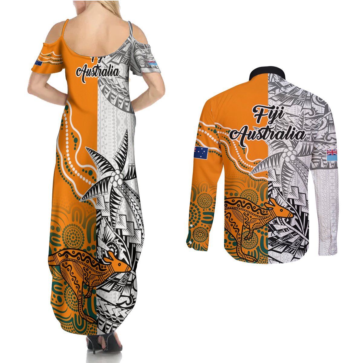 Fiji Australia Rugby Couples Matching Summer Maxi Dress and Long Sleeve Button Shirts World Cup 2023 Polynesia Tapa Mixed Indigenous Aboriginal LT9 - Polynesian Pride