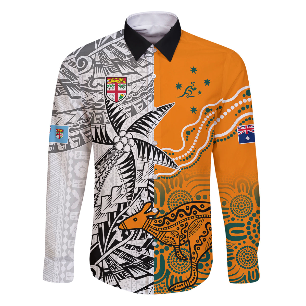 Fiji Australia Rugby Family Matching Puletasi Dress and Hawaiian Shirt World Cup 2023 Polynesia Tapa Mixed Indigenous Aboriginal LT9 Dad's Shirt - Long Sleeve Gold - Polynesian Pride