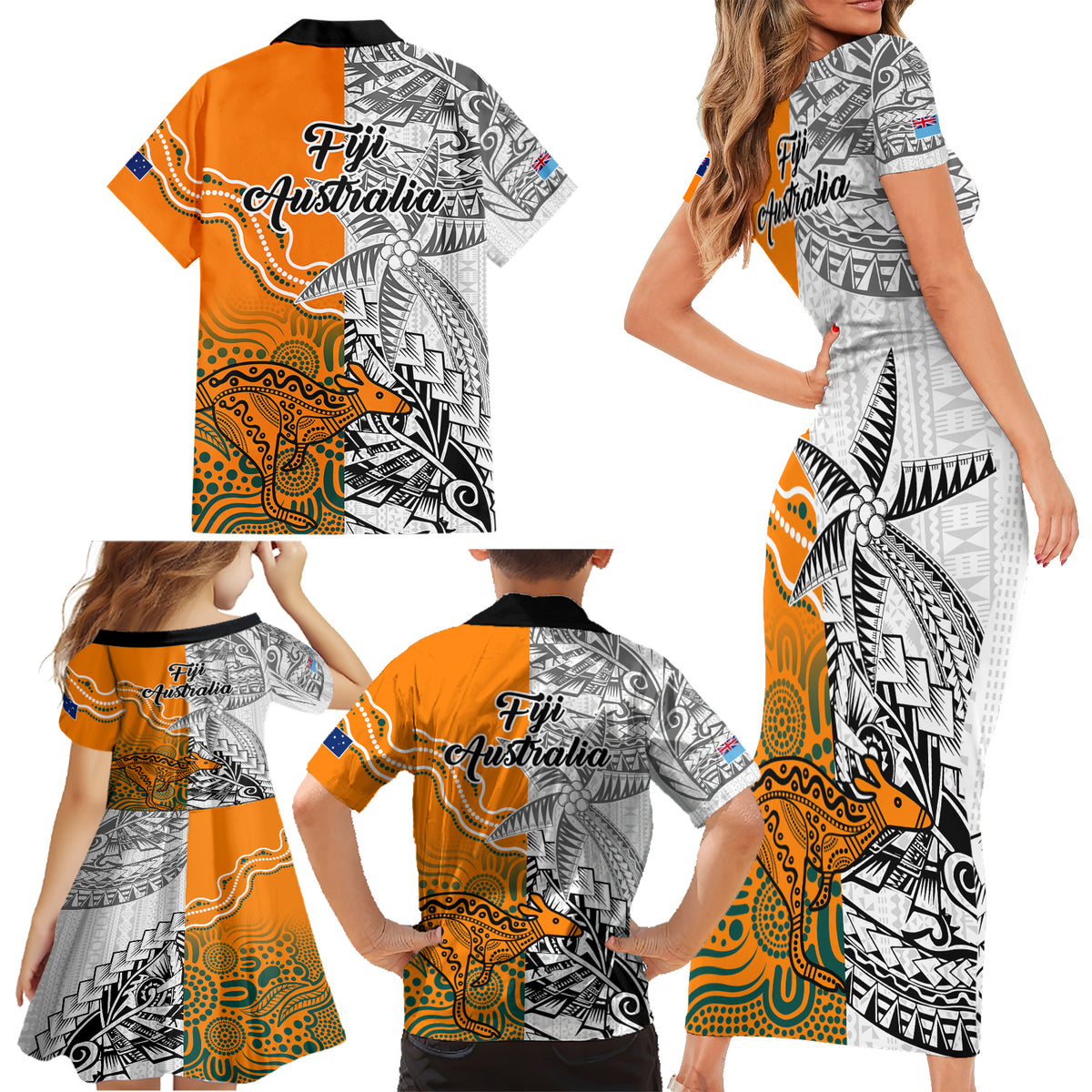 fiji-australia-rugby-family-matching-short-sleeve-bodycon-dress-and-hawaiian-shirt-world-cup-2023-polynesia-tapa-mixed-indigenous-aboriginal