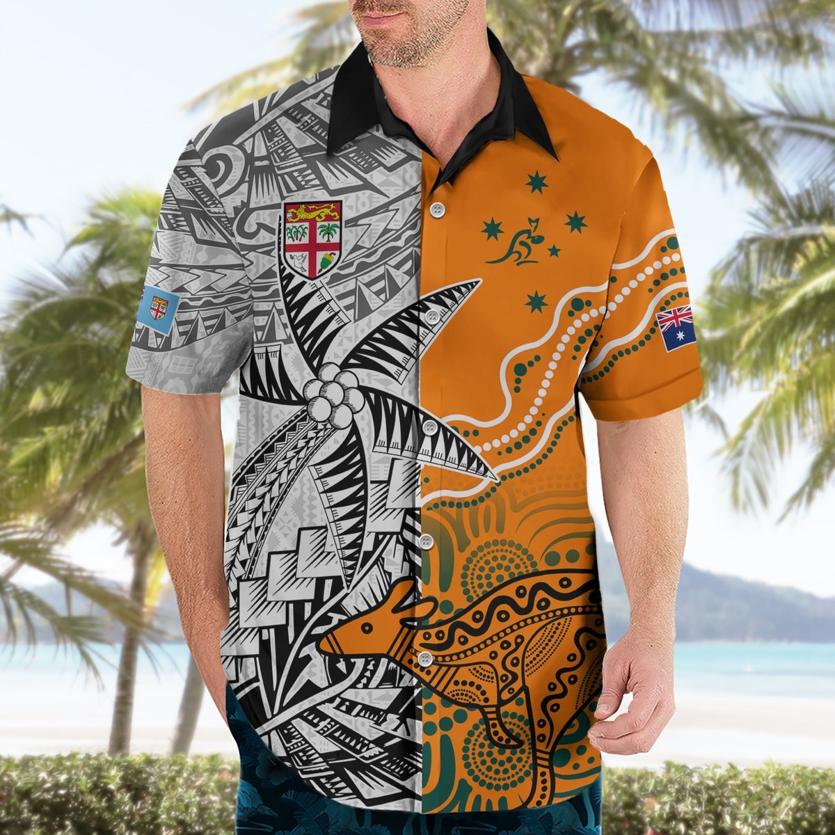 Personalised Fiji Australia Rugby Hawaiian Shirt World Cup 2023 Polynesia Tapa Mixed Indigenous Aboriginal LT9 - Polynesian Pride