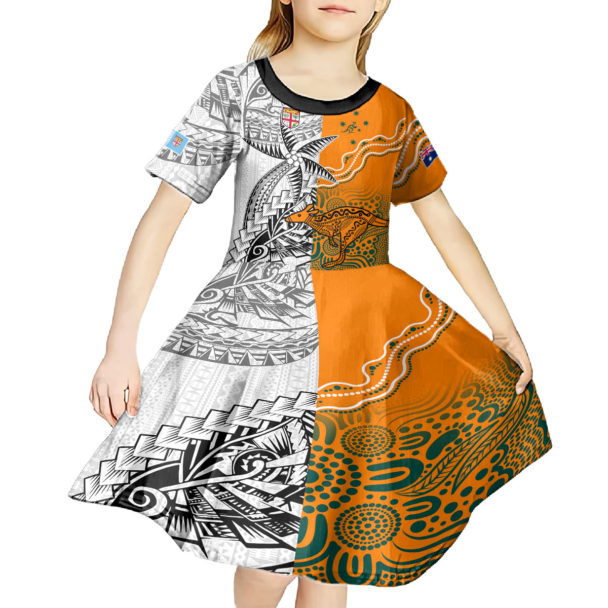 personalised-fiji-australia-rugby-kid-short-sleeve-dress-world-cup-2023-polynesia-tapa-mixed-indigenous-aboriginal
