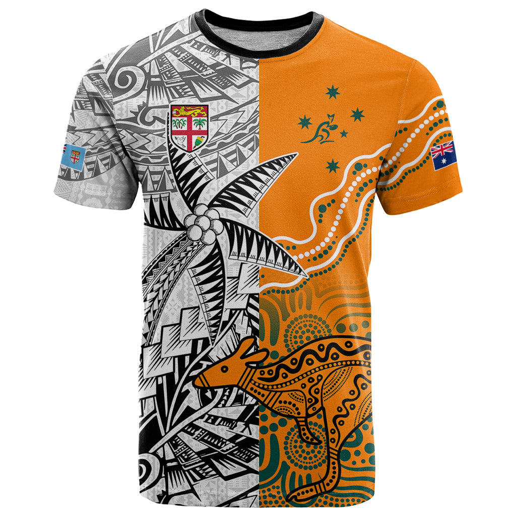 Personalised Fiji Australia Rugby T Shirt World Cup 2023 Polynesia Tapa Mixed Indigenous Aboriginal LT9 Gold - Polynesian Pride