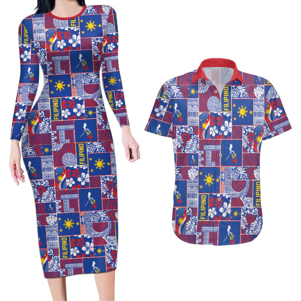 Filipino Maligayang Pasko Couples Matching Long Sleeve Bodycon Dress and Hawaiian Shirt Pacific Patchwork Xmas Vibes - Polynesian Pride