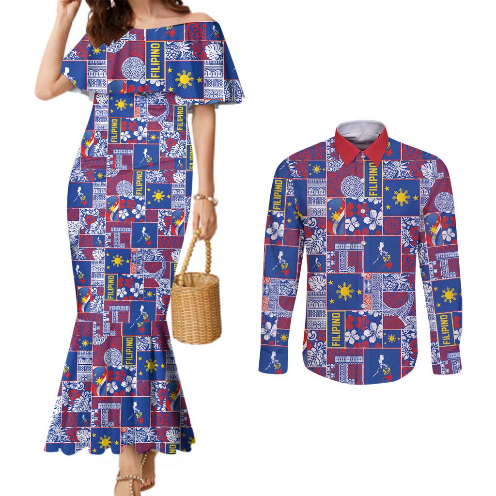 Filipino Maligayang Pasko Couples Matching Mermaid Dress and Long Sleeve Button Shirt Pacific Patchwork Xmas Vibes - Polynesian Pride