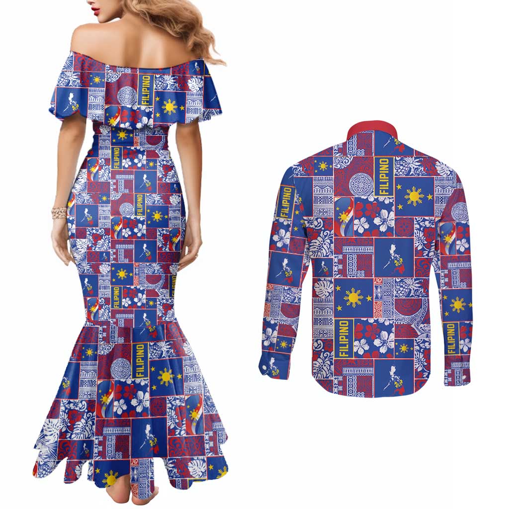 Filipino Maligayang Pasko Couples Matching Mermaid Dress and Long Sleeve Button Shirt Pacific Patchwork Xmas Vibes - Polynesian Pride