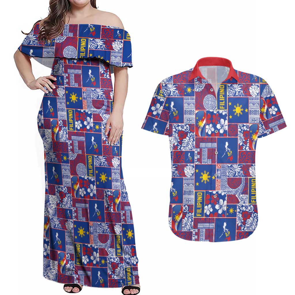 Filipino Maligayang Pasko Couples Matching Off Shoulder Maxi Dress and Hawaiian Shirt Pacific Patchwork Xmas Vibes LT9 Blue - Polynesian Pride