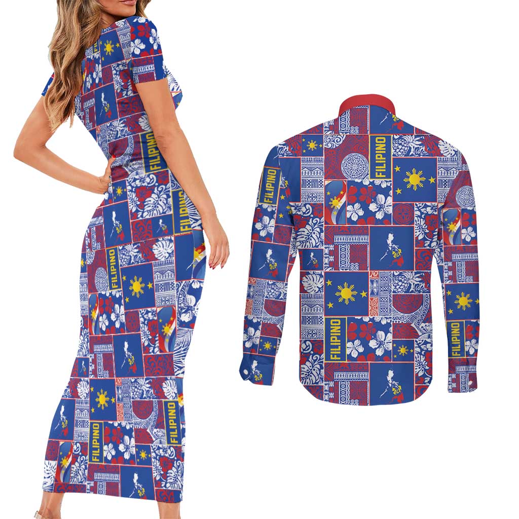 Filipino Maligayang Pasko Couples Matching Short Sleeve Bodycon Dress and Long Sleeve Button Shirt Pacific Patchwork Xmas Vibes - Polynesian Pride