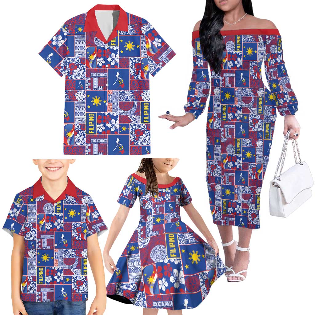 Filipino Maligayang Pasko Family Matching Off The Shoulder Long Sleeve Dress and Hawaiian Shirt Pacific Patchwork Xmas Vibes - Polynesian Pride