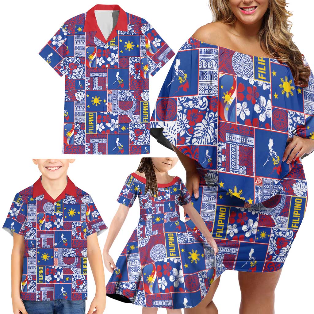 Filipino Maligayang Pasko Family Matching Off Shoulder Short Dress and Hawaiian Shirt Pacific Patchwork Xmas Vibes - Polynesian Pride