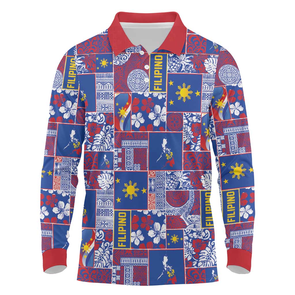Filipino Maligayang Pasko Long Sleeve Polo Shirt Pacific Patchwork Xmas Vibes - Polynesian Pride