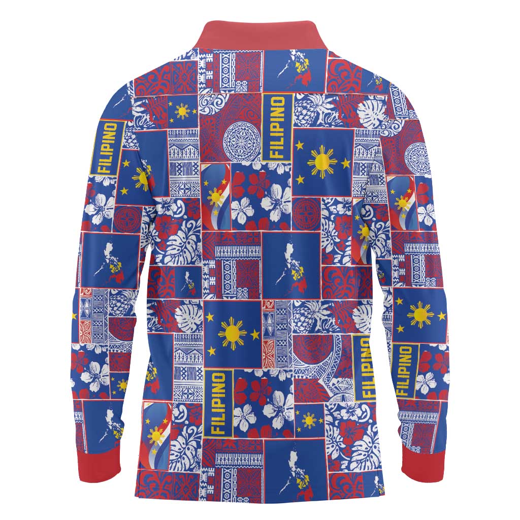 Filipino Maligayang Pasko Long Sleeve Polo Shirt Pacific Patchwork Xmas Vibes - Polynesian Pride