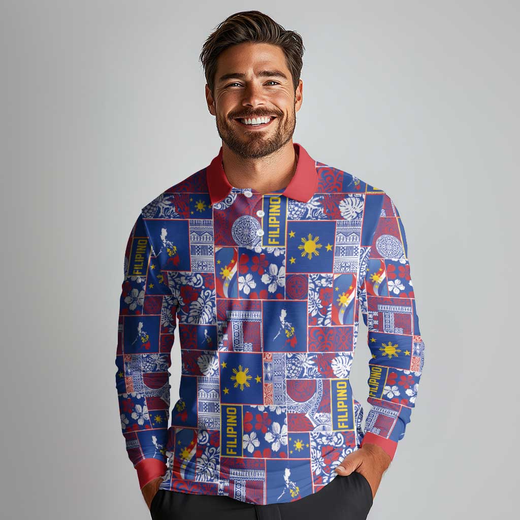 Filipino Maligayang Pasko Long Sleeve Polo Shirt Pacific Patchwork Xmas Vibes - Polynesian Pride