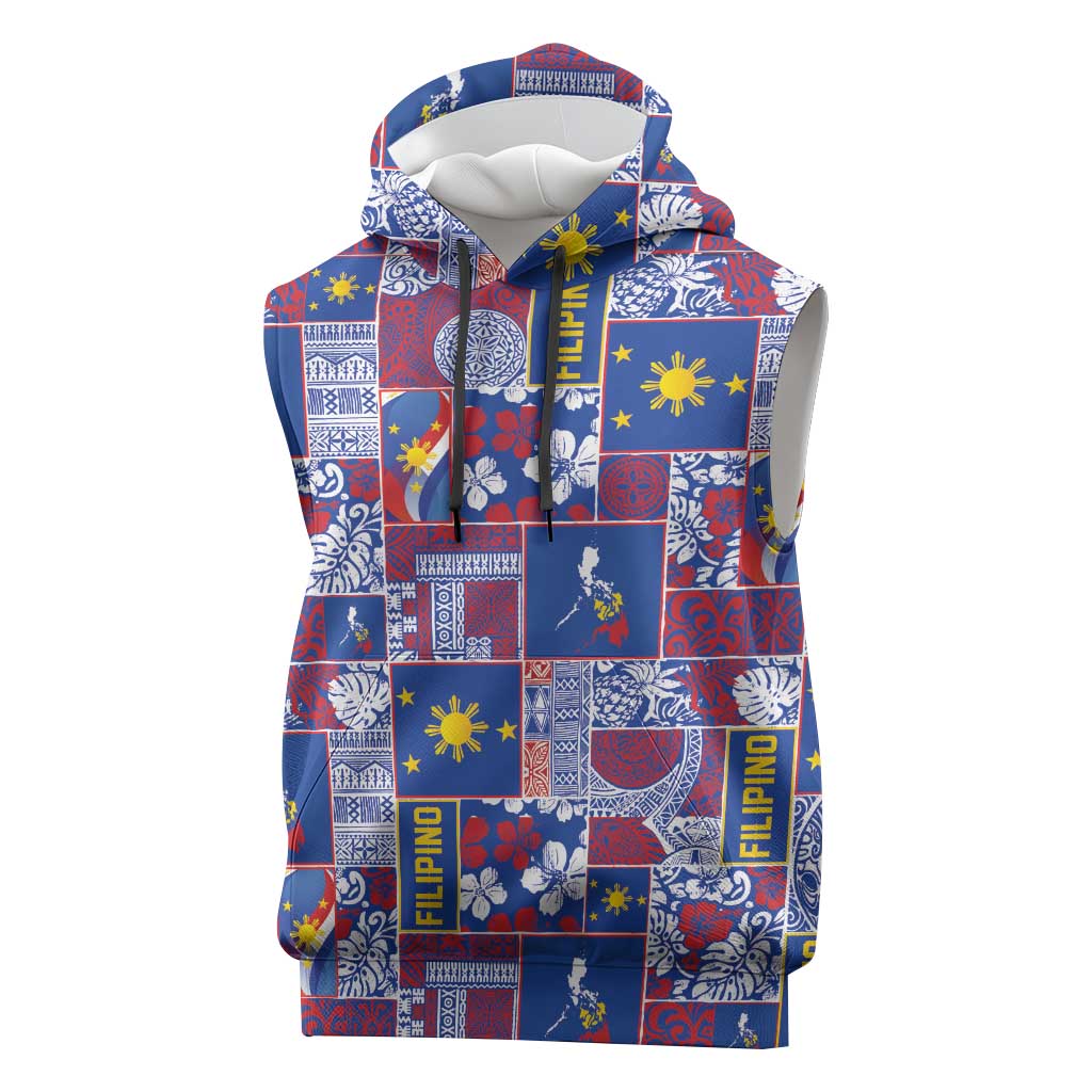 Filipino Maligayang Pasko Sleeveless Hoodie Pacific Patchwork Xmas Vibes LT9 Blue - Polynesian Pride