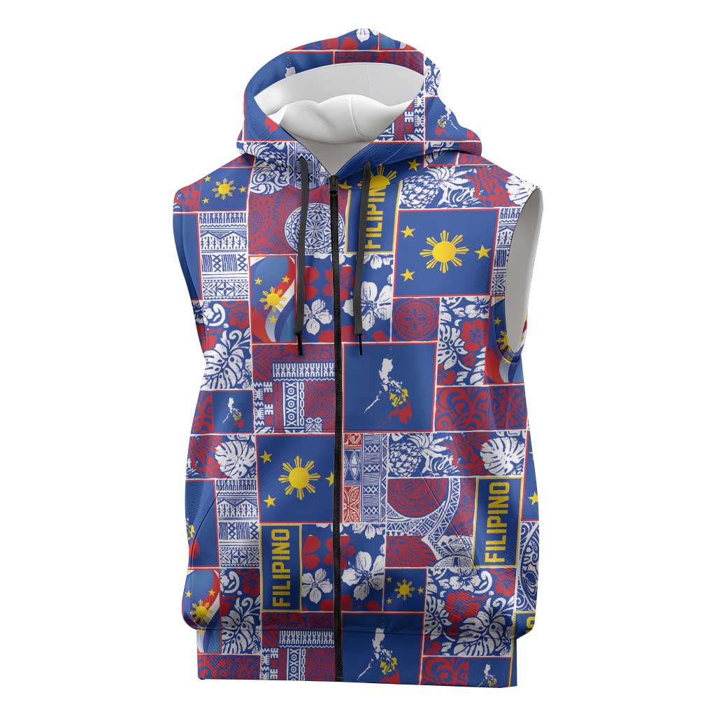 Filipino Maligayang Pasko Sleeveless Zip Hoodie Pacific Patchwork Xmas Vibes LT9 Blue - Polynesian Pride