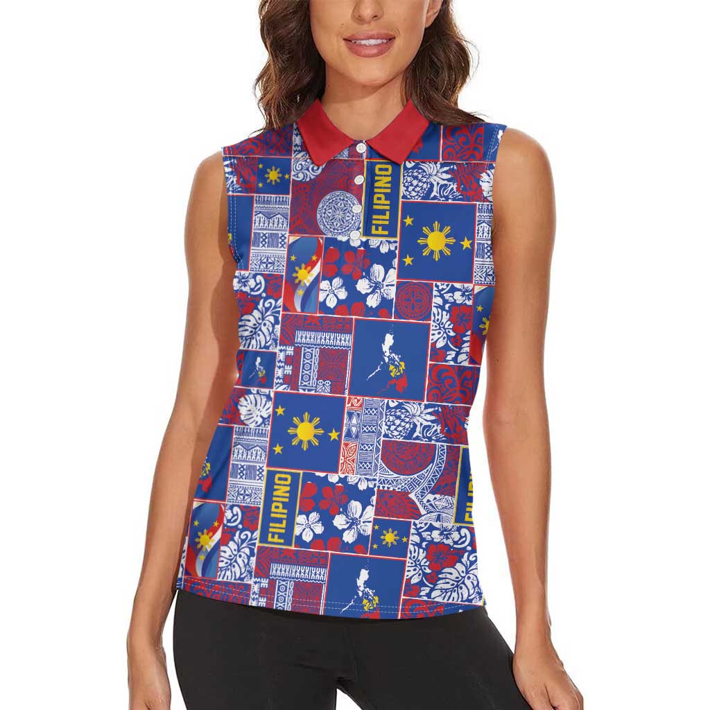 Filipino Maligayang Pasko Women Sleeveless Polo Shirt Pacific Patchwork Xmas Vibes - Polynesian Pride