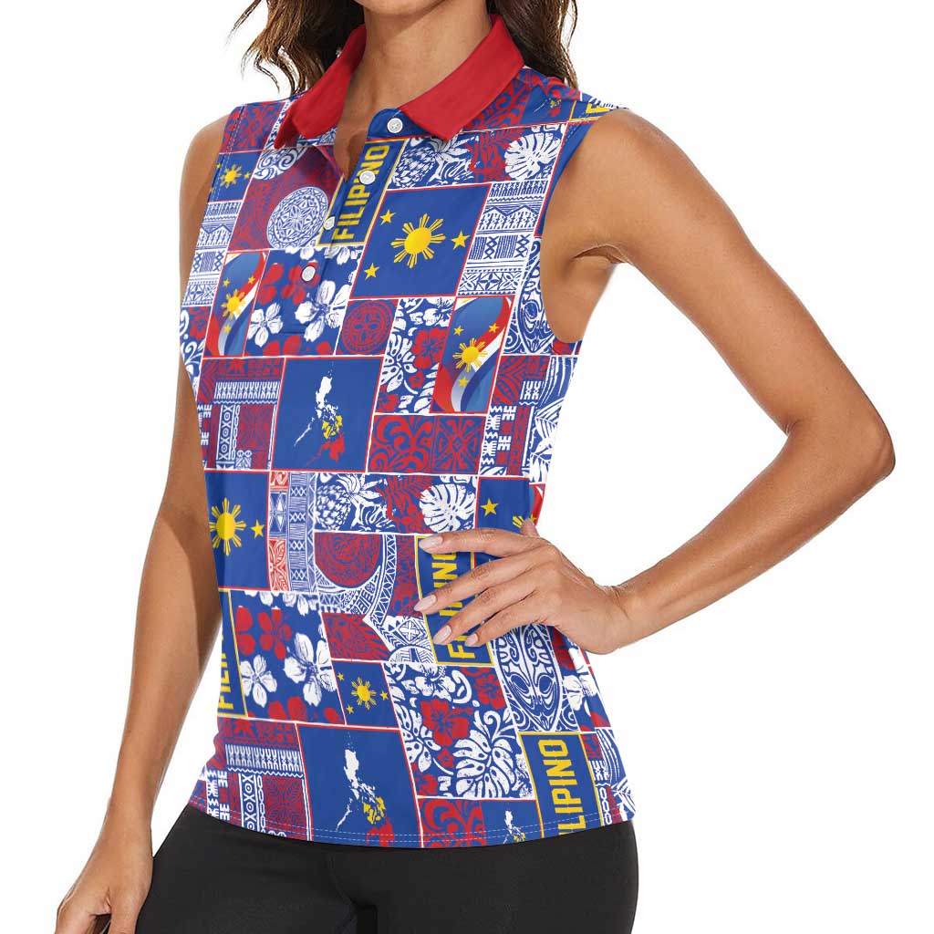 Filipino Maligayang Pasko Women Sleeveless Polo Shirt Pacific Patchwork Xmas Vibes - Polynesian Pride